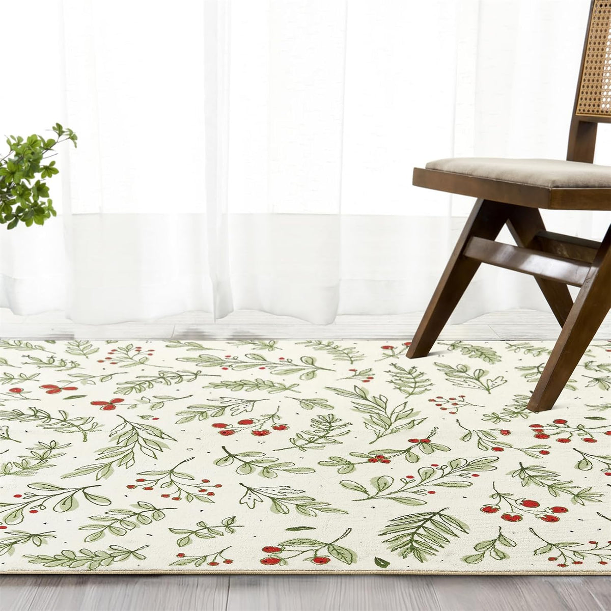Cute Christmas Area Rugs 5X7 Washable - Ultra Thin Soft Xmas Tree Berries Holly Branches Festive Winter Rug, Modern Floral Woodland Christmas Carpet for Kitchen Bedroom Living Room Entryway Fire Place