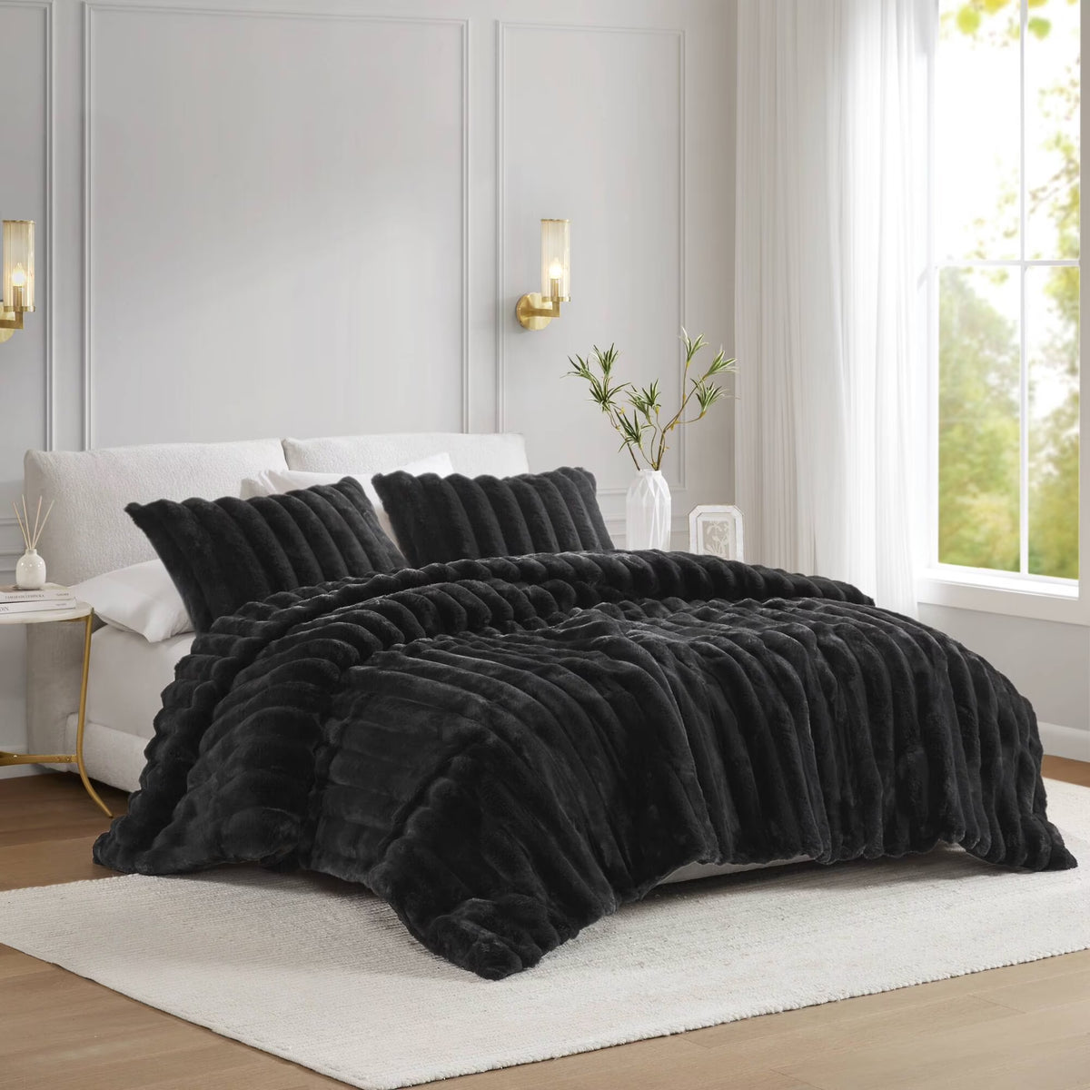 Bedding Sets 3 PCS King Ultrasoft Faux Fur Ribbed Comforter Set Black,Bed Sets