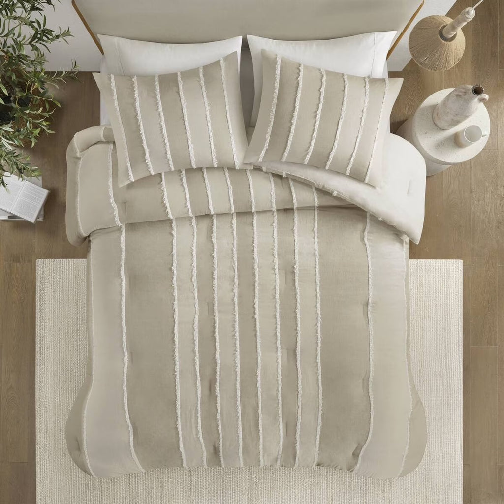 Bedding Sets 3 Piece Striped Cotton Comforter Set Taupe Full/Queen,Bed Sets