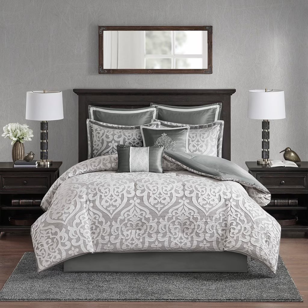 Bedding Sets 8 Piece Jacquard Comforter Set Silver/Silver Queen,Bed Sets
