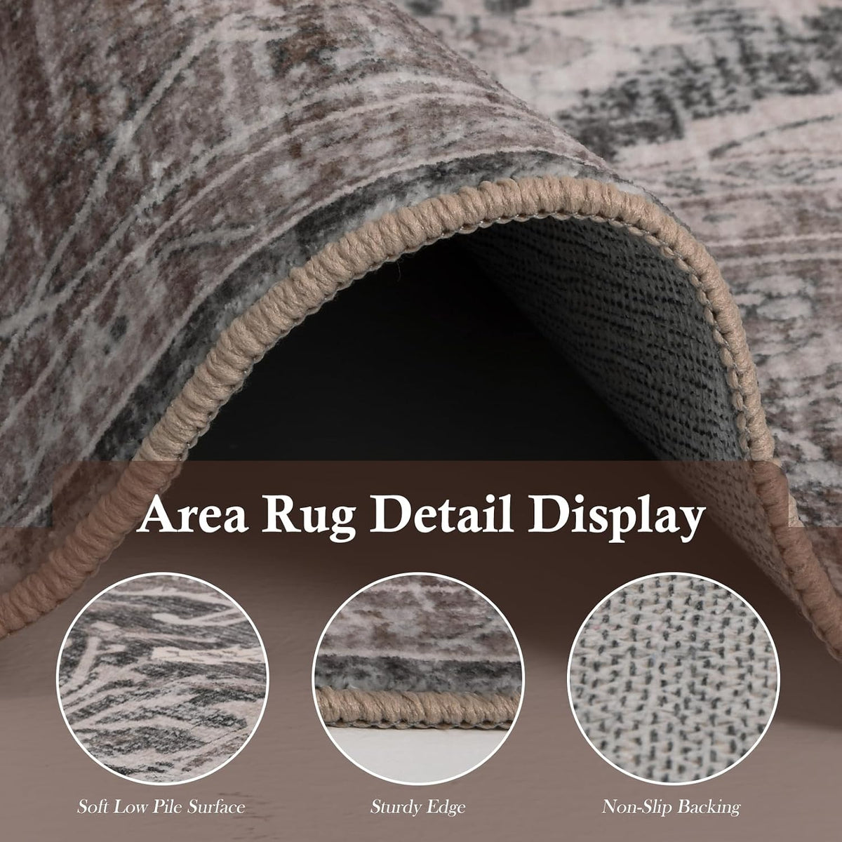 Area Rug 5X7 Washable Rug, Boho Vintage Non Slip Rug, Brown