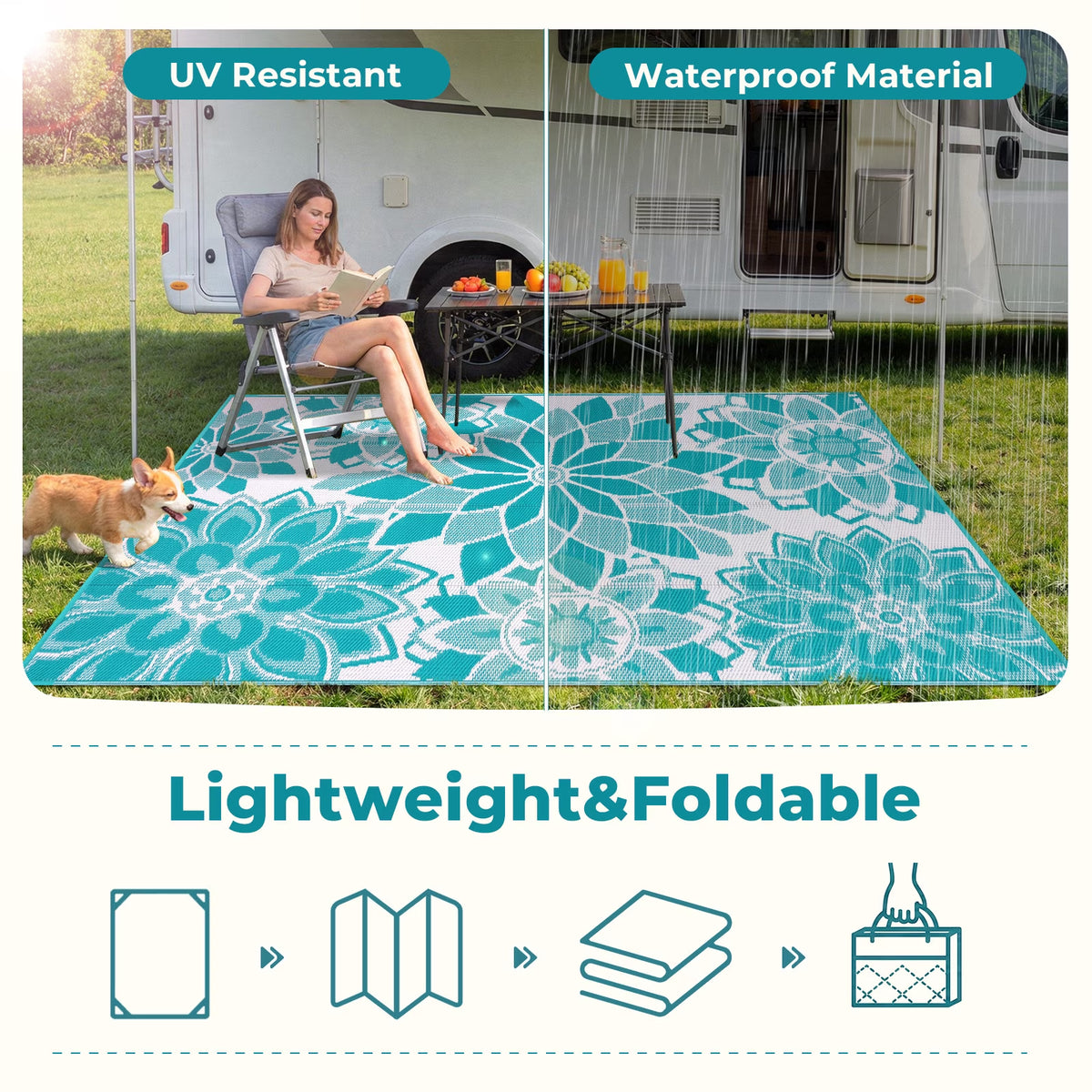 5'X8' Outdoor Rug Patios Rug Waterproof RV Outdoor Rug Camping Rugs Reversible Plastic Straw Rug Large Outdoor Mat Outdoor Area Rug for Camping,Balcony Apartment,Patio,Picnic,Beach Teal