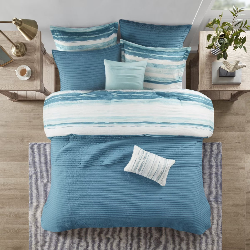 Bedding Sets 8 Piece Printed Seersucker Comforter and Quilt Set Collection Aqua Full/Queen,Bed Sets