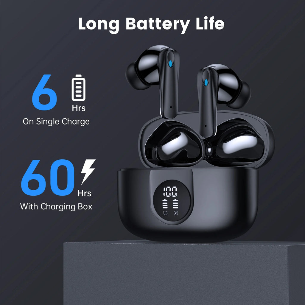 P91 Wireless Earbuds, Bluetooth Headphones V5.4 Stereo Ear Buds with Noise Cancelling Mics, 60H Playback Mini Case with Dual LED Display, IP7 Waterproof In-Ear Earphones for Android Ios