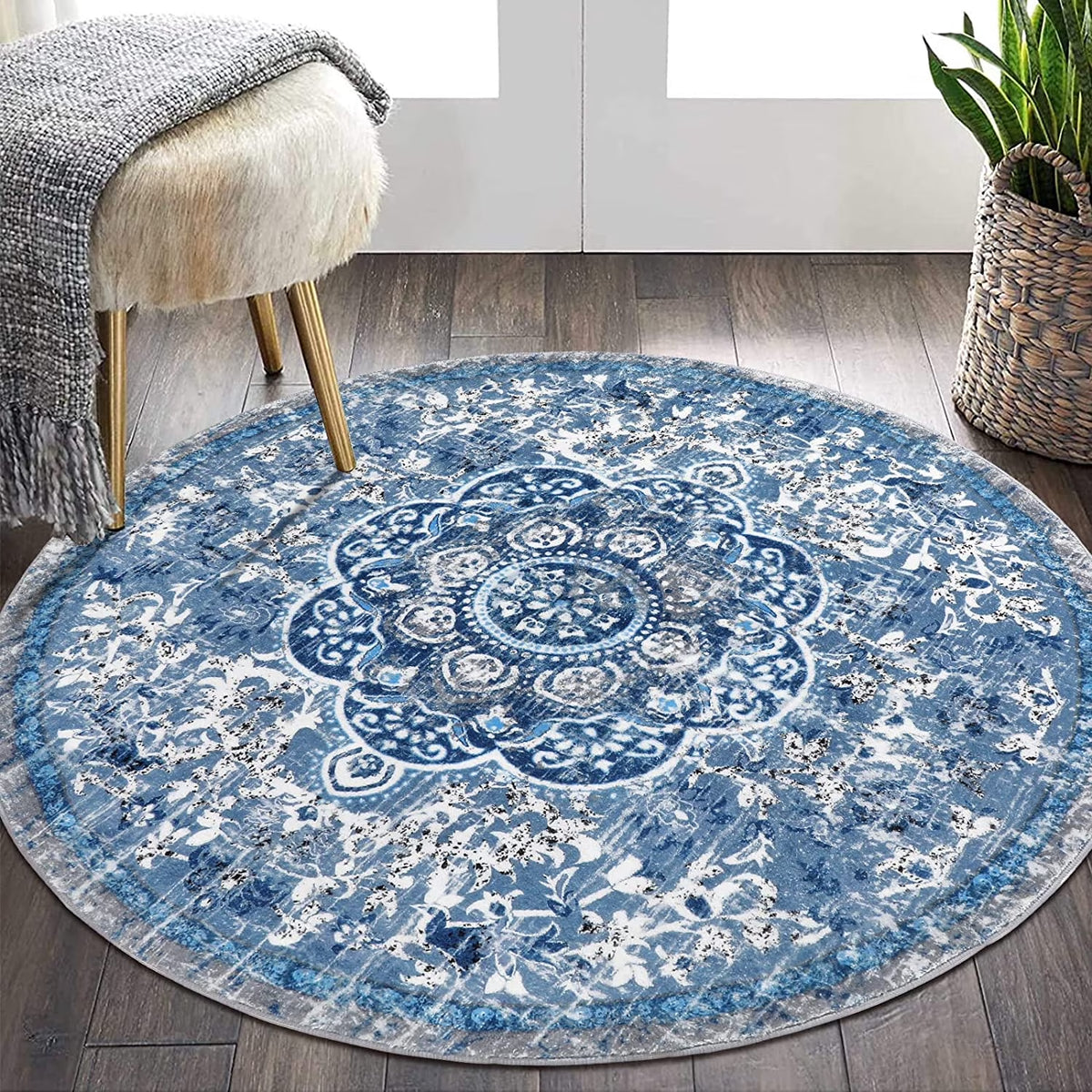 5.25'Round Area Rug,Non Slip Washable round Rug Boho Area Rug for Living Room,Bedroom,Home Decor,Office,Dining Room,Gray