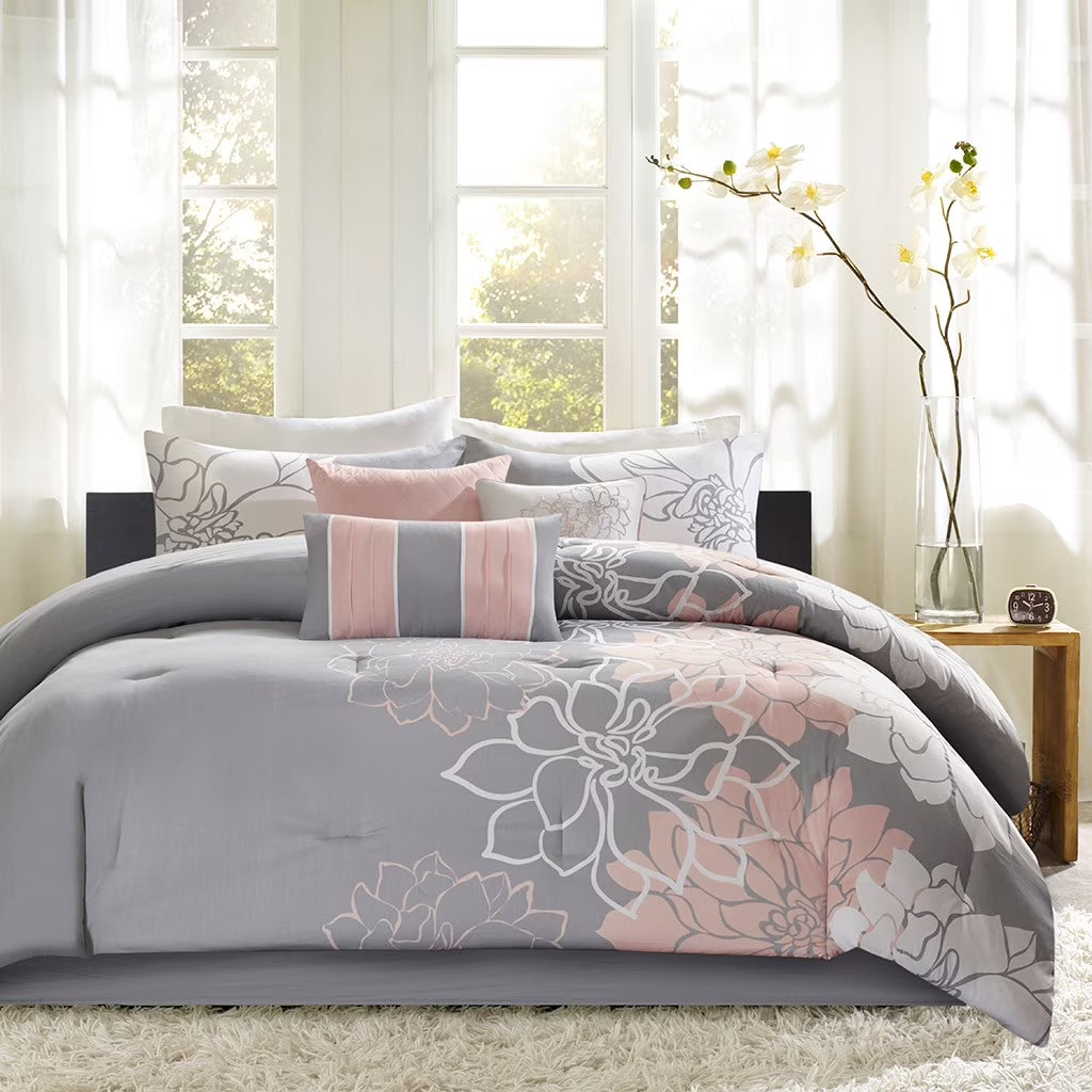Bedding Sets Printed Cotton Sateen Comforter Set Grey/Peach Cal King,Bed Sets