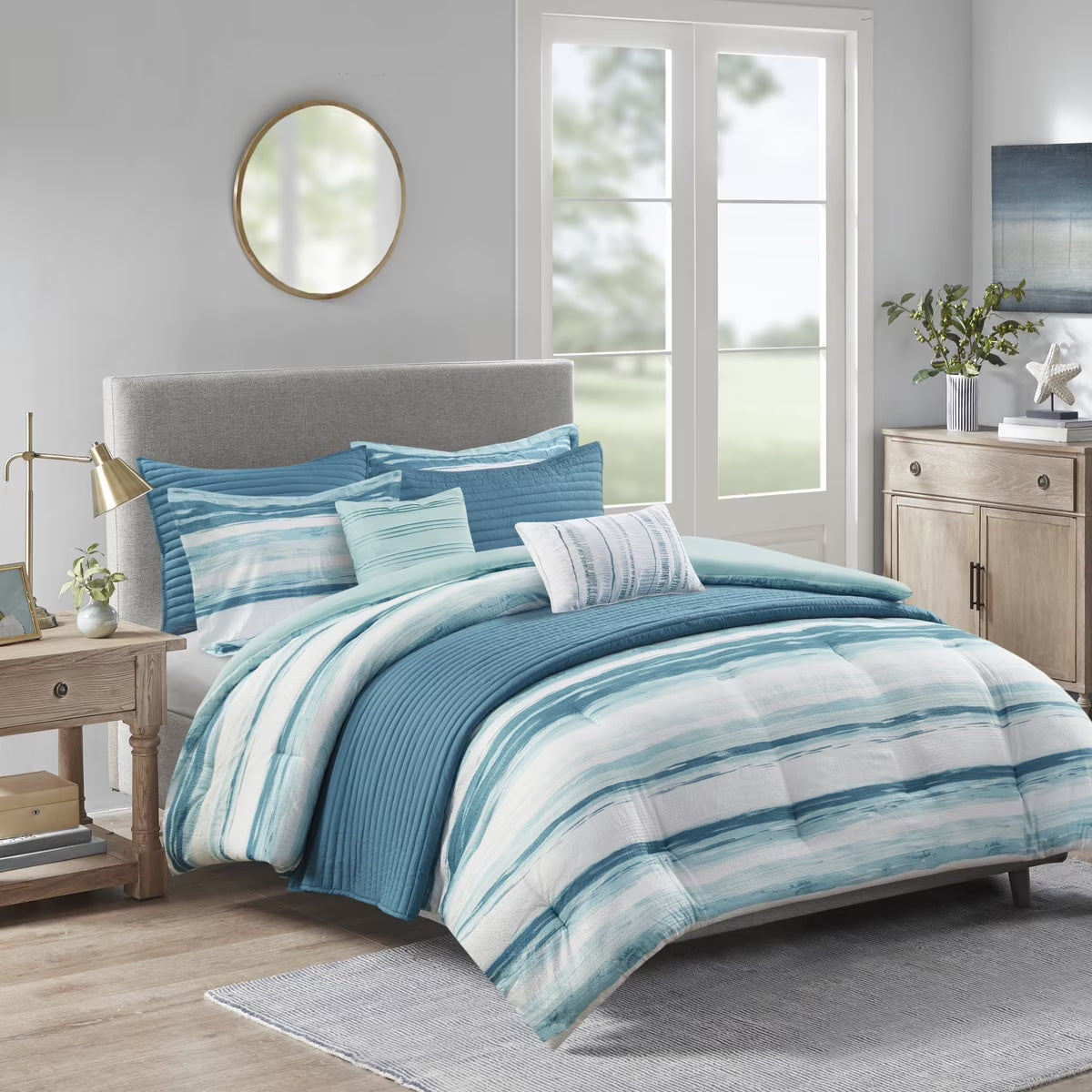 Bedding Sets 8 Piece Printed Seersucker Comforter and Quilt Set Collection Aqua Full/Queen,Bed Sets