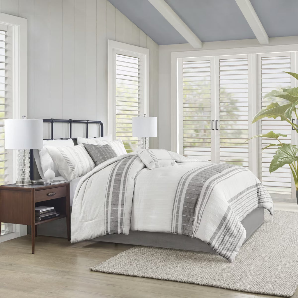 Bedding Sets 6 Piece Cotton Jacquard Oversized Comforter Set White/Grey Queen,Bed Sets