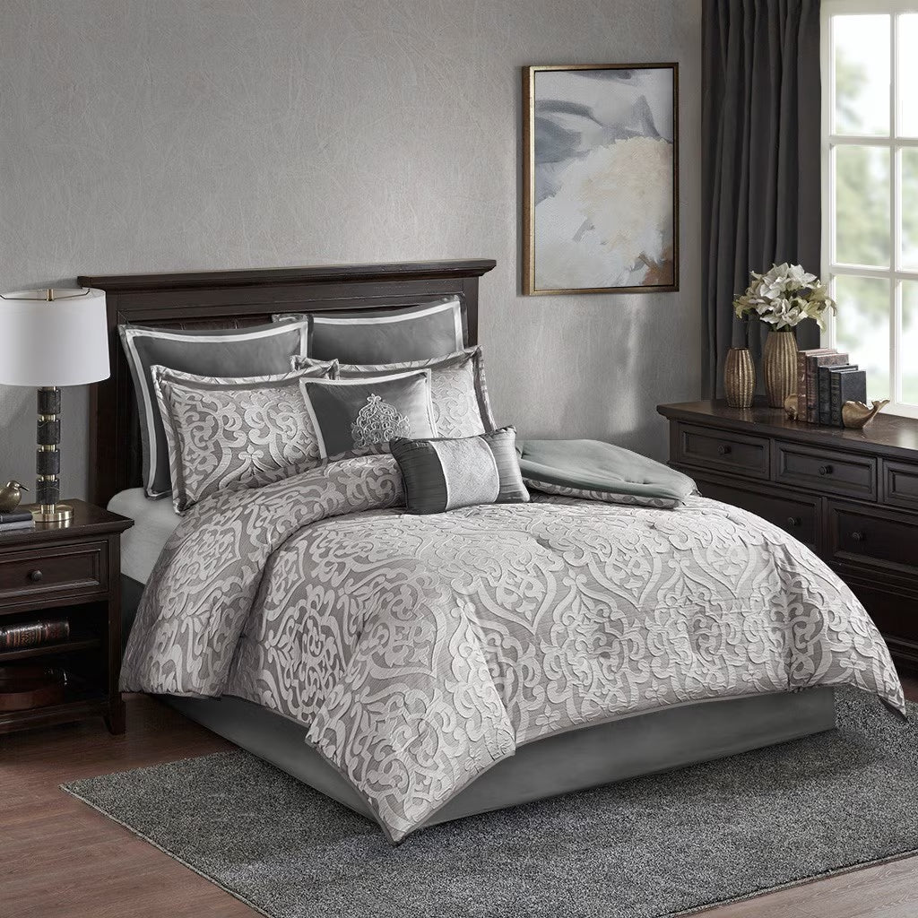 Bedding Sets 8 Piece Jacquard Comforter Set Silver/Silver Queen,Bed Sets