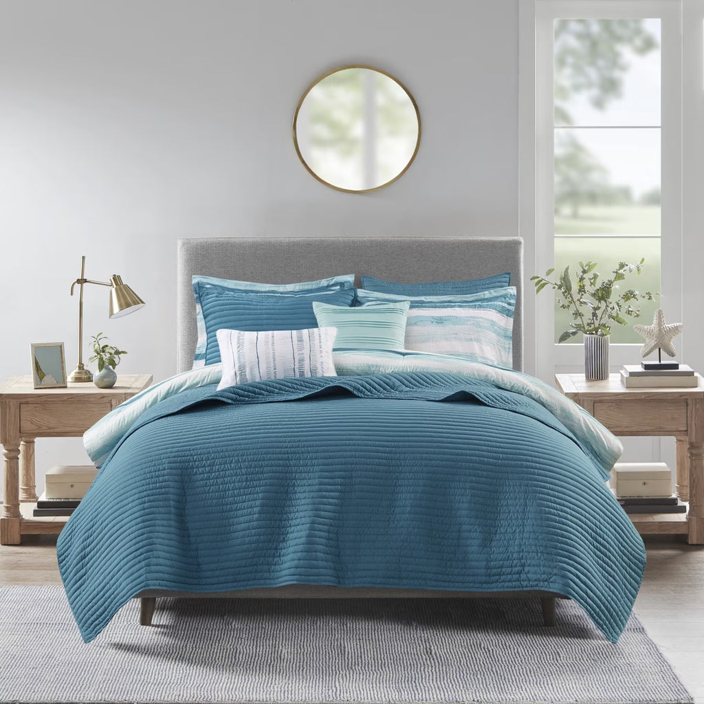 Bedding Sets 8 Piece Printed Seersucker Comforter and Quilt Set Collection Aqua Full/Queen,Bed Sets