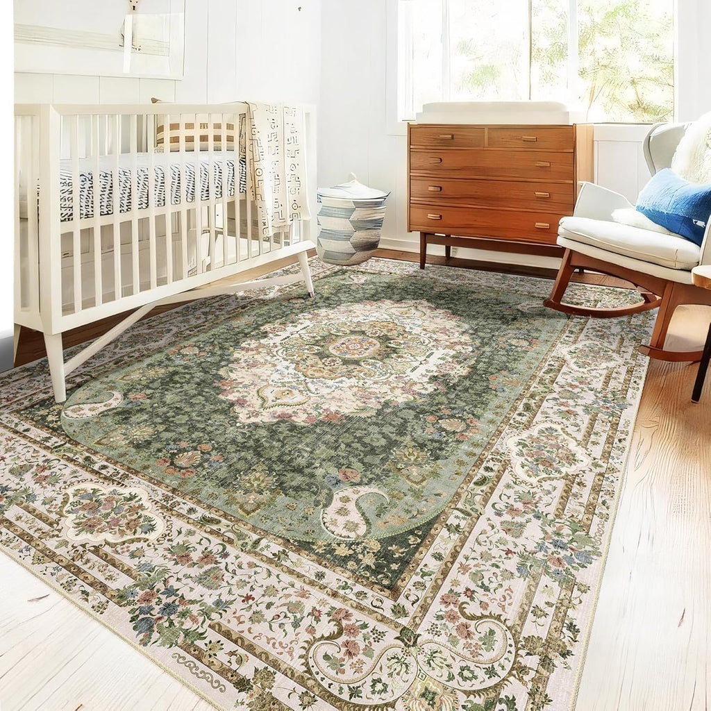 5X7 Area Rugs Washable,Green Rug for Living Room Bedroom Boho
