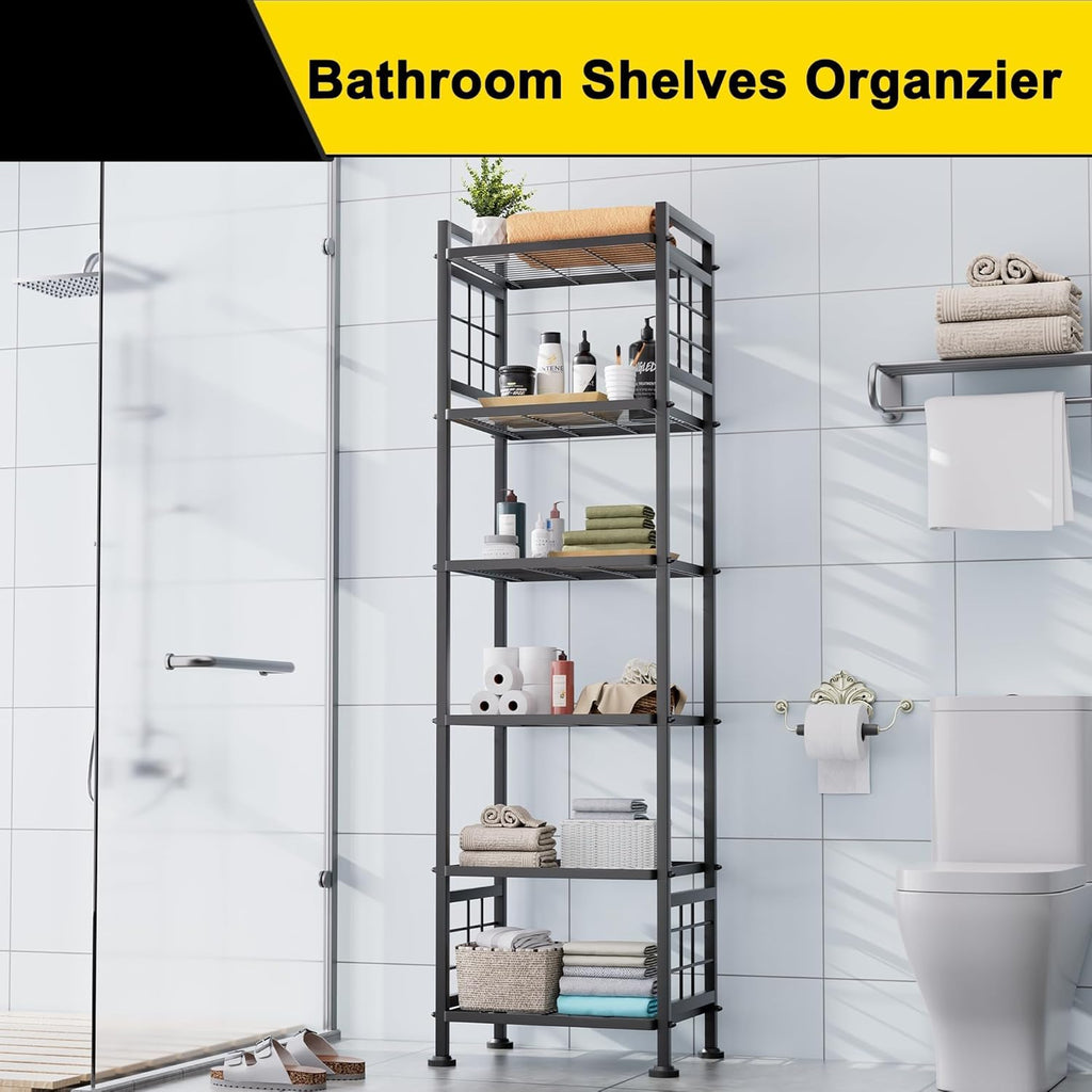 6-Wire Standing Storage Shelf for Bathroom Organizers and Storage & Laundry Room Organization, Metal Shelving Unit Pantry Rack for Kitchen & Bathroom, Black