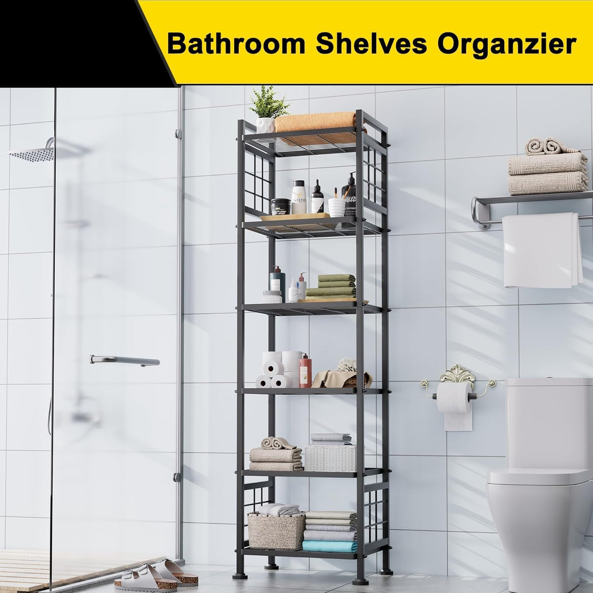 6-Wire Standing Storage Shelf for Bathroom Organizers and Storage & Laundry Room Organization, Metal Shelving Unit Pantry Rack for Kitchen & Bathroom, Black