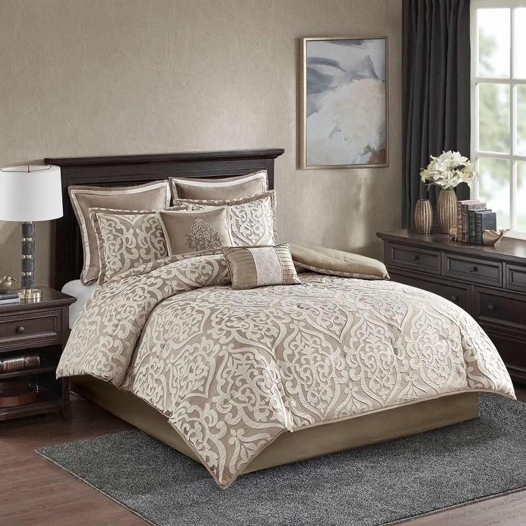 Bedding Sets 8 Piece Jacquard Comforter Set Tan/Ivory Cal King,Bed Sets