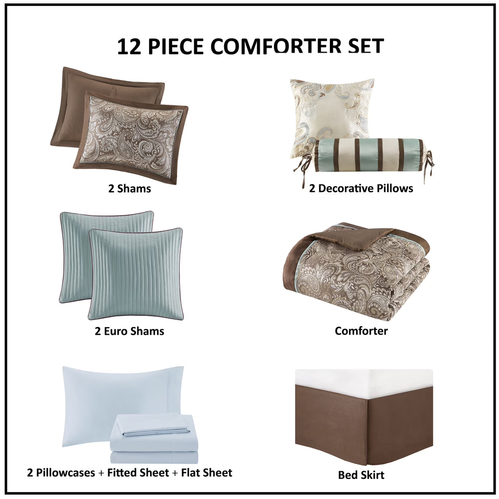 Bedding Sets 12 Piece Comforter Set with Cotton Bed Sheets Blue/Brown Cal King,Bed Sets
