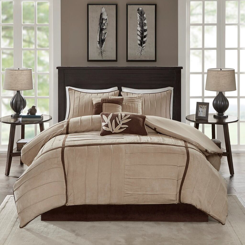 Bedding Sets, 7 Piece Faux Suede Comforter Set Beige Full, Bed Sets, Comforter Sets,