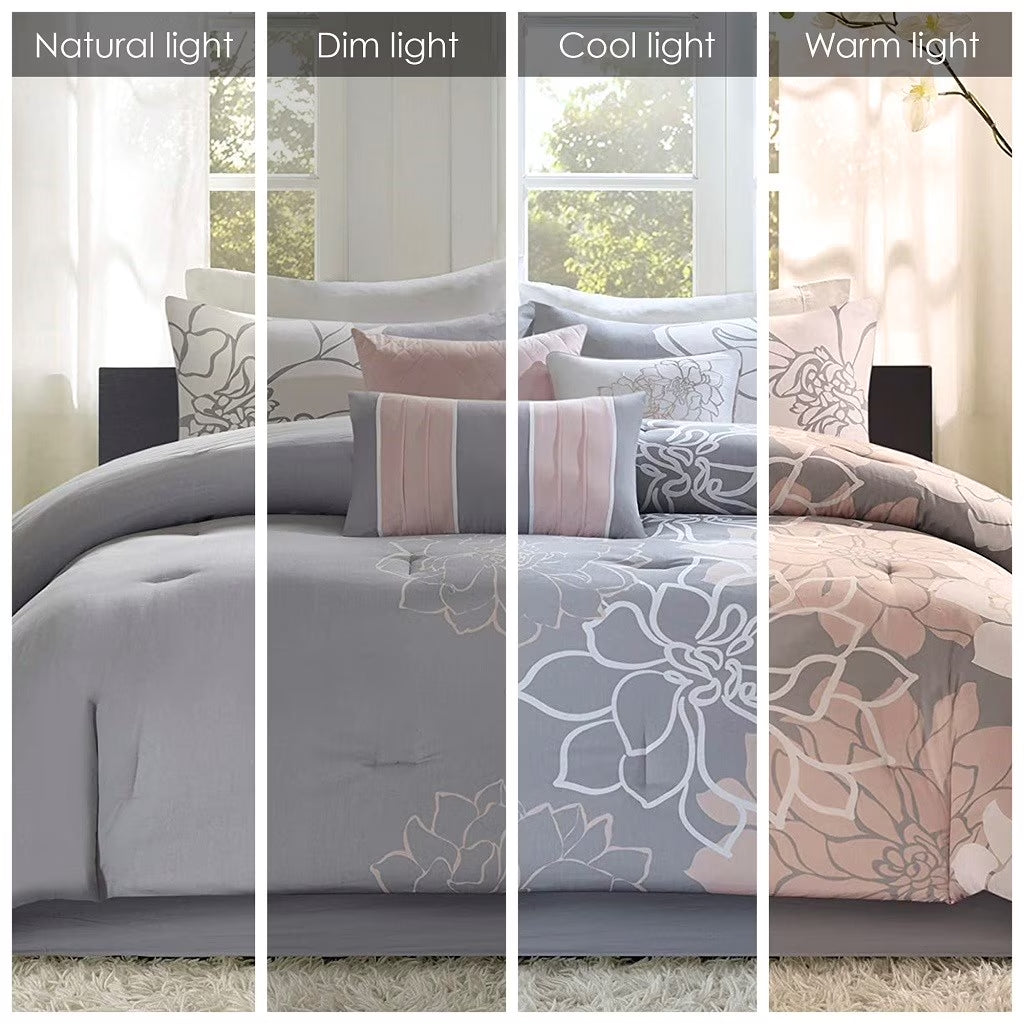 Bedding Sets Printed Cotton Sateen Comforter Set Grey/Peach Cal King,Bed Sets