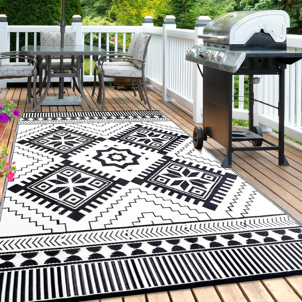 Waterproof Outdoor Rug 9X12Ft, Boho Reversible Plastic Straw Mat for Patio RV Deck Porch Backyard Balcony Camping Picnic Beach Indoor Outdoor Carpet, Black&White