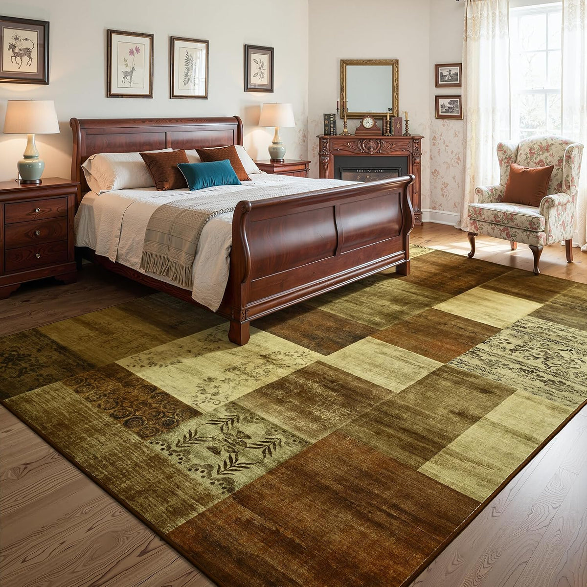 6X9 Area Rugs for Living Room, Washable Geometric Brown Bedroom Rug