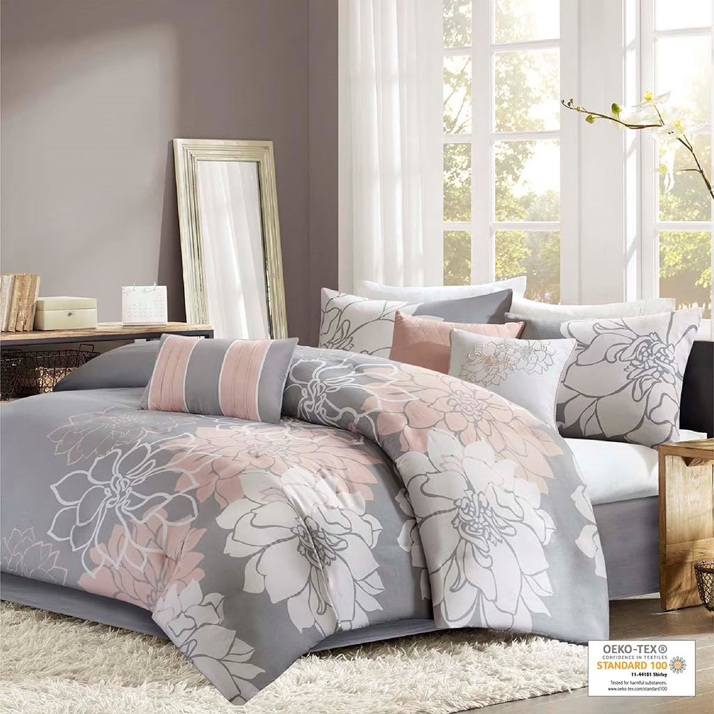 Bedding Sets Printed Cotton Sateen Comforter Set Grey/Peach Cal King,Bed Sets