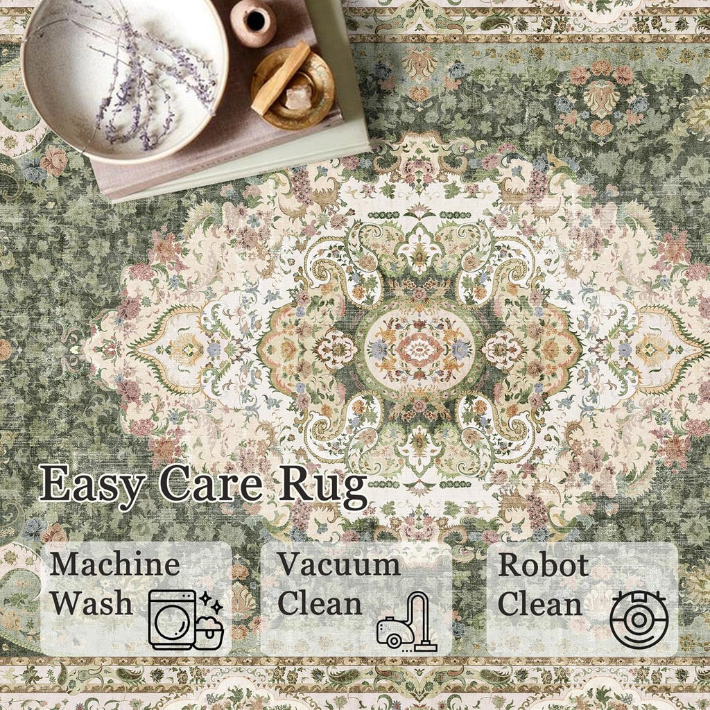 5X7 Area Rugs Washable,Green Rug for Living Room Bedroom Boho
