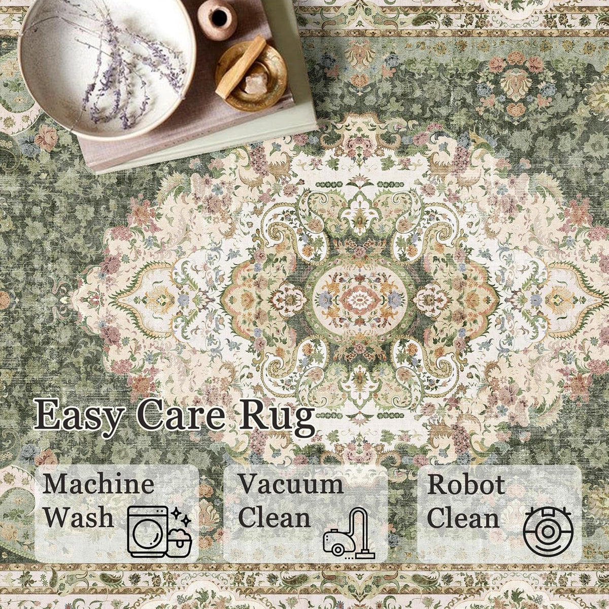 5X7 Area Rugs Washable,Green Rug for Living Room Bedroom Boho