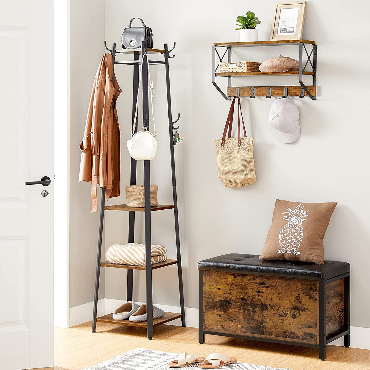 Coat Rack Freestanding, Hall Tree with 4 Shelves
