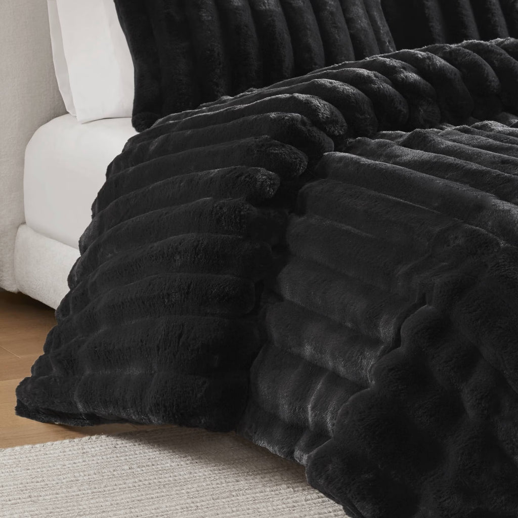 Bedding Sets 3 PCS King Ultrasoft Faux Fur Ribbed Comforter Set Black,Bed Sets