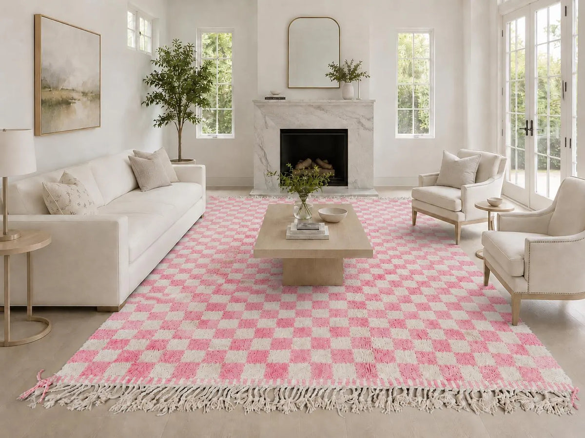 Authentic Beni Ourain Rug 8.2 X 11.2 Feet Checkered Rug Pink - Morocco Rug - Handmade Berber Rug - Moroccan Rug - Checkers Rug - Wool Rug