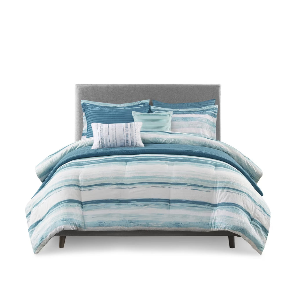 Bedding Sets 8 Piece Printed Seersucker Comforter and Quilt Set Collection Aqua Full/Queen,Bed Sets