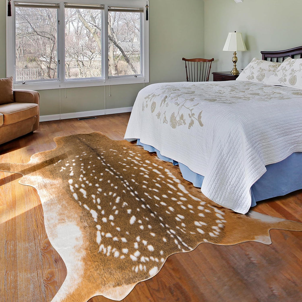 Deer Rug Antelope Print Rug, 5.2X7 Feet Faux Deer Hide Fawn Animal Print Skin for Living Room Bedroom Brown Rustic Western Décor