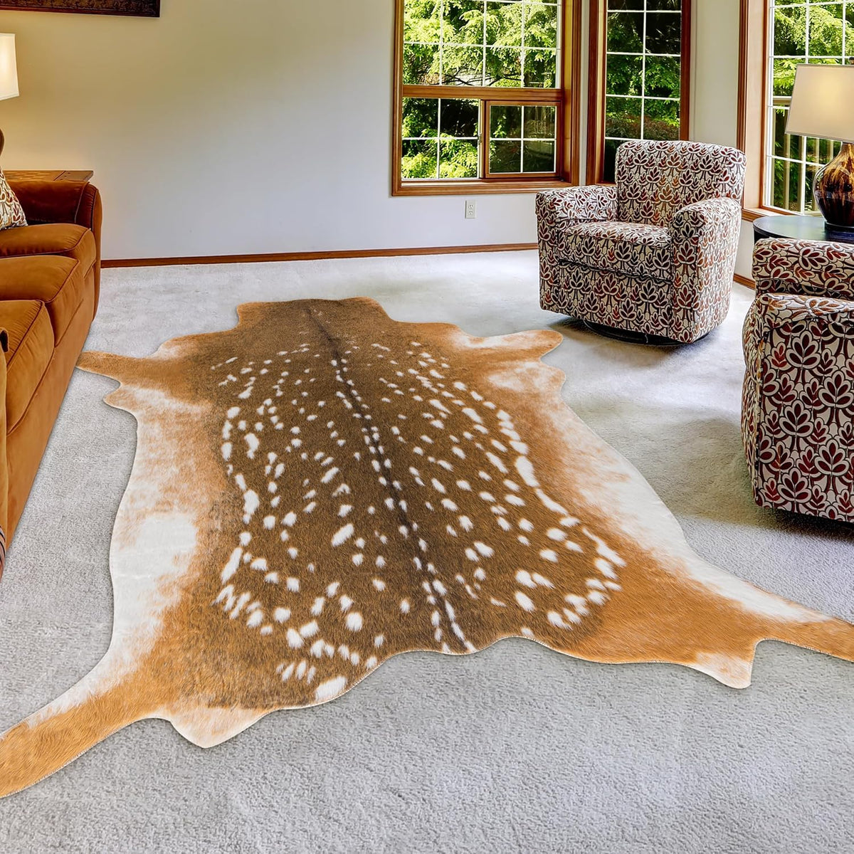 Deer Rug Antelope Print Rug, 5.2X7 Feet Faux Deer Hide Fawn Animal Print Skin for Living Room Bedroom Brown Rustic Western Décor