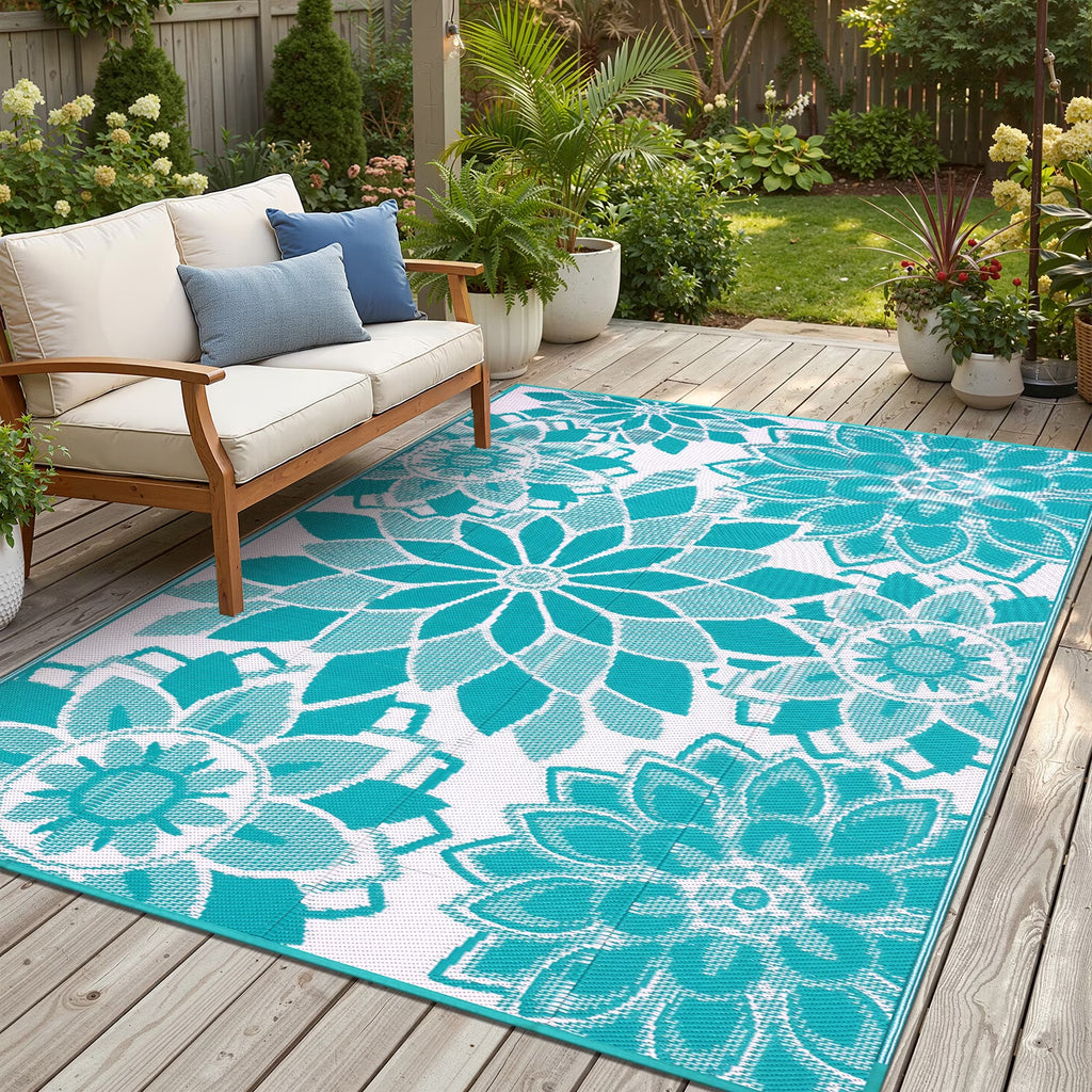 5'X8' Outdoor Rug Patios Rug Waterproof RV Outdoor Rug Camping Rugs Reversible Plastic Straw Rug Large Outdoor Mat Outdoor Area Rug for Camping,Balcony Apartment,Patio,Picnic,Beach Teal