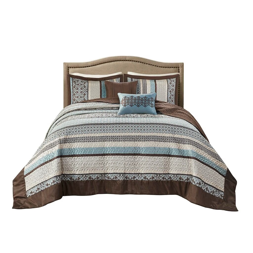 Bedding Sets 5 Piece Reversible Jacquard Bedspread Set Blue King,Bed Sets