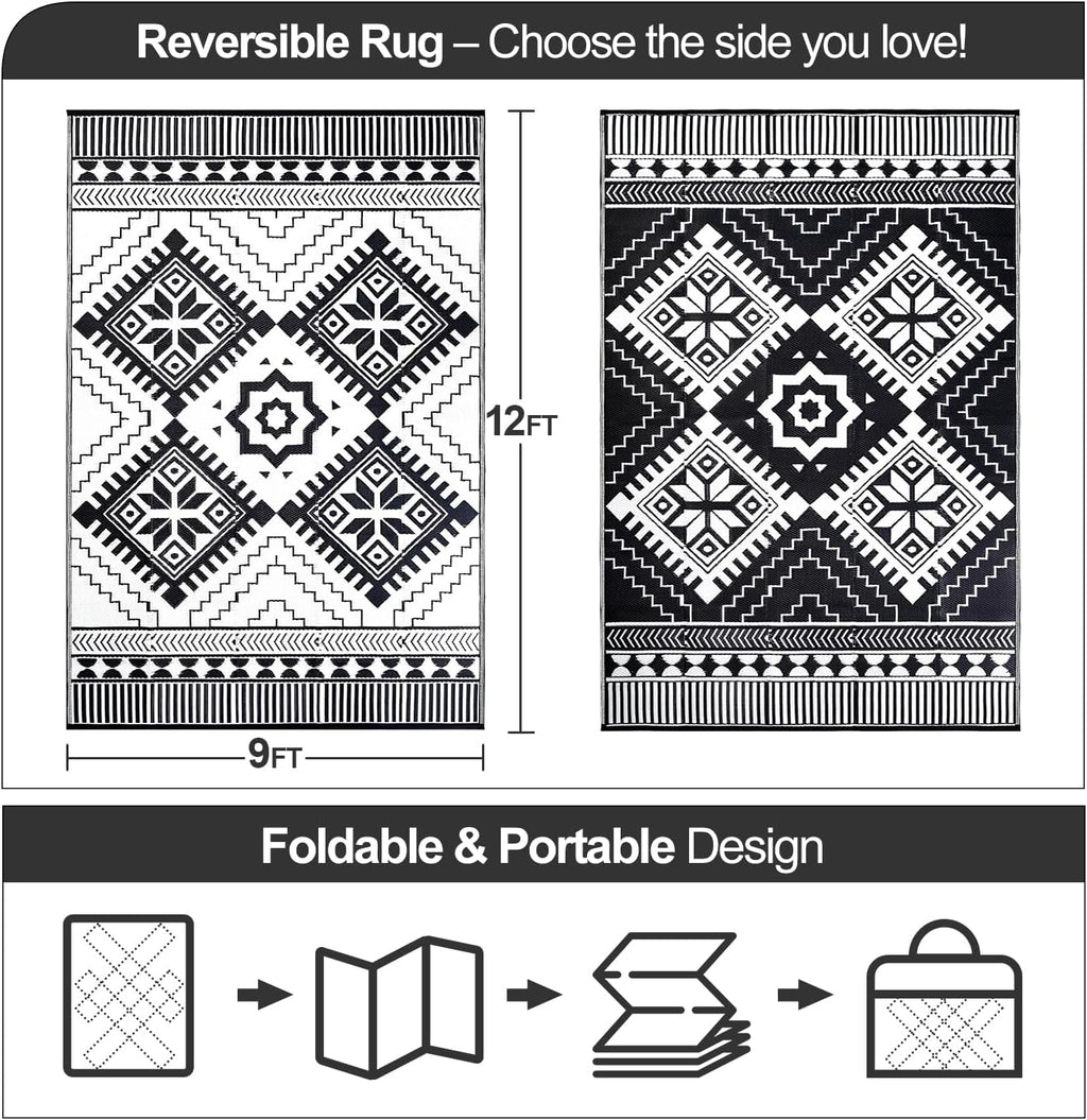Waterproof Outdoor Rug 9X12Ft, Boho Reversible Plastic Straw Mat for Patio RV Deck Porch Backyard Balcony Camping Picnic Beach Indoor Outdoor Carpet, Black&White