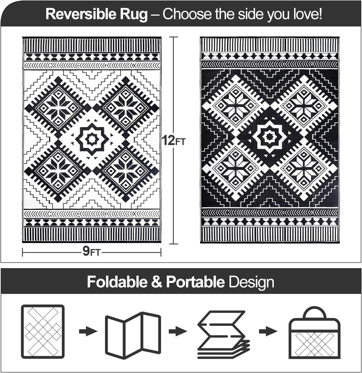 Waterproof Outdoor Rug 9X12Ft, Boho Reversible Plastic Straw Mat for Patio RV Deck Porch Backyard Balcony Camping Picnic Beach Indoor Outdoor Carpet, Black&White