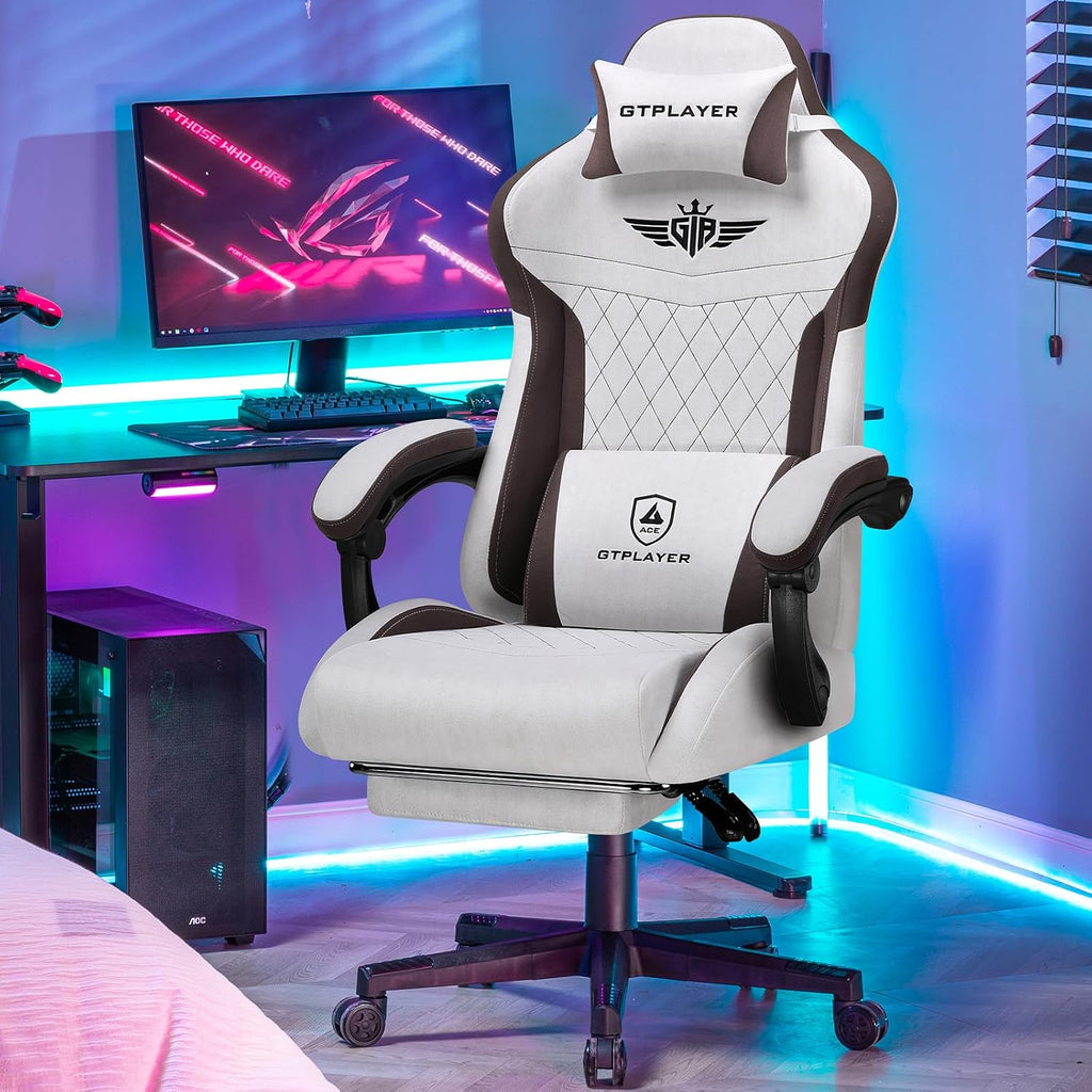 Gaming Chair, Video Game Chairs with Footrest and Lumbar Support, Computer Chair for Adults with Extended Backrest, Ergonomic Reclining Silla Gamer, Fabric, Brown