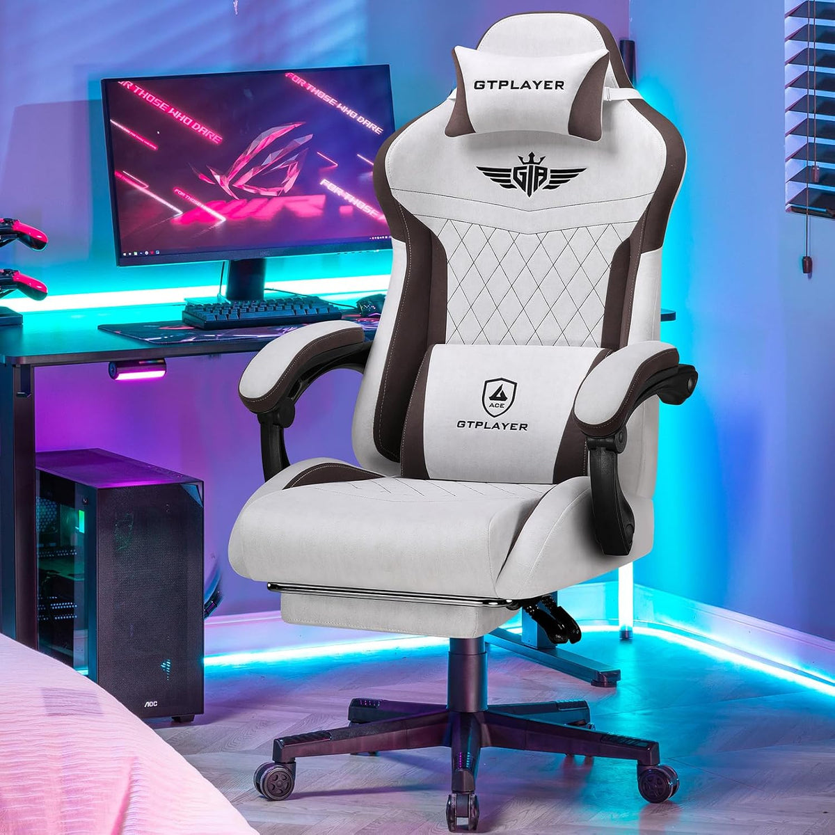 Gaming Chair, Video Game Chairs with Footrest and Lumbar Support, Computer Chair for Adults with Extended Backrest, Ergonomic Reclining Silla Gamer, Fabric, Brown