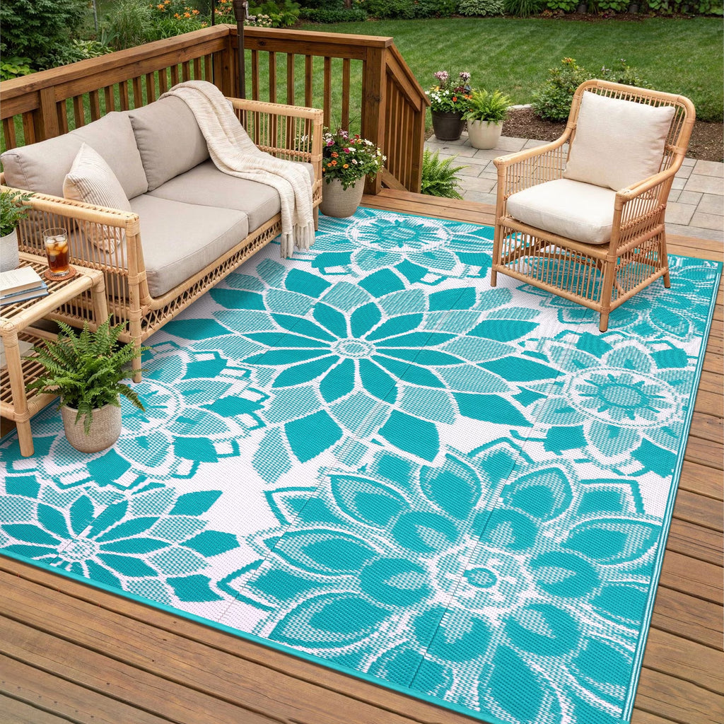 5'X8' Outdoor Rug Patios Rug Waterproof RV Outdoor Rug Camping Rugs Reversible Plastic Straw Rug Large Outdoor Mat Outdoor Area Rug for Camping,Balcony Apartment,Patio,Picnic,Beach Teal