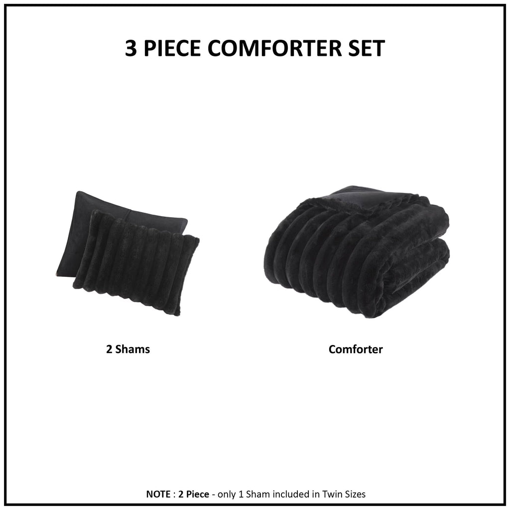 Bedding Sets 3 PCS King Ultrasoft Faux Fur Ribbed Comforter Set Black,Bed Sets