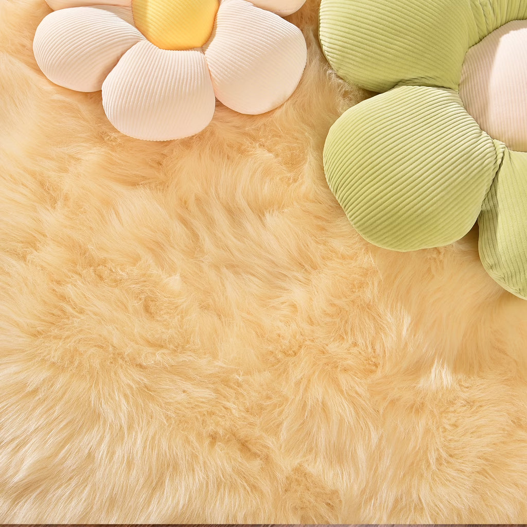 Fur Rug 5X6.7, Faux Sheepskin Rug for Living Room, Nursery Room, Teen Room Decor, Furry Rug, Light Yellow, Rectangle